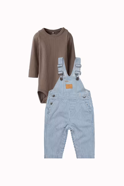 Matchat Set - Slim Baby Rib Body & Copenhagen Colors Twill Baby Overalls Denim Stripe - Falcon/Blue
