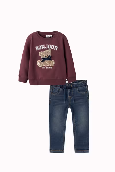 Name it - Set Bonjour Sweatshirt Burgundy & Slim Vintage Dark Blue Jeans