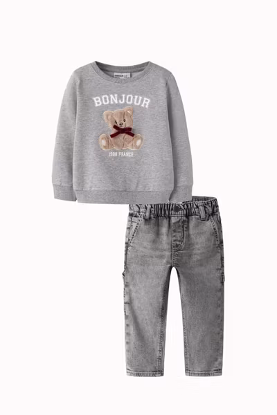 Name it - Set Bonjour Sweatshirt Grey Melange & Tap Medium Grey Jeans