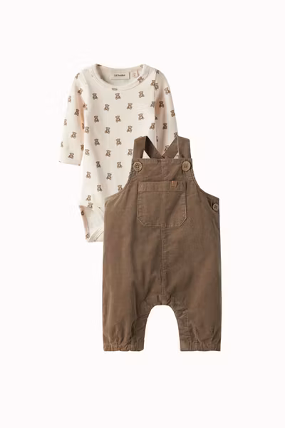 Lil'Atelier - Set ELO LS Slim Baby Body Teddy Bear & Loose Cord Hängselbyxa Sepia Tint