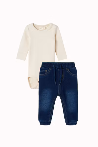 Matchat Set - Lil'Atelier Slim Solid Baby Body Turtledove & Name it Mini Jeans - Blue