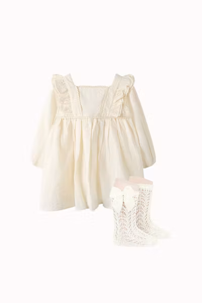 Matchat Set - Lil'Atelier LS Dress Turtledove & Condor Perle Knee Socks with Bow Champagne