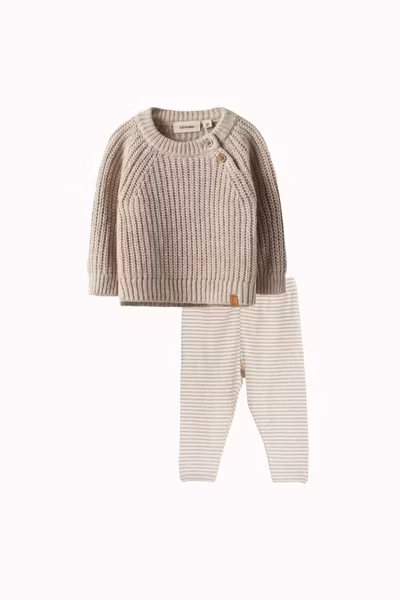 Matchat Set - Lil'Atelier LS Loose Knit Mini Oxford Tan Melange & Serendipity Organics Byxa Stripe Oat/Offwhite