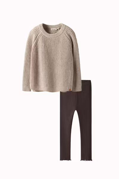 Matchat Set - Lil'Atelier LS Loose Knit Kids Oxford Tan Melange & Name it XSL Leggings Seal Brown