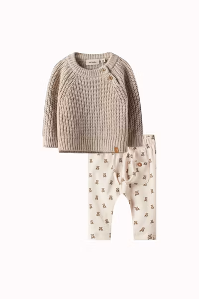 Lil'Atelier - Set LS Loose Knit Mini Oxford Tan Melange & ELI Regular Baby Pants Teddy Bear