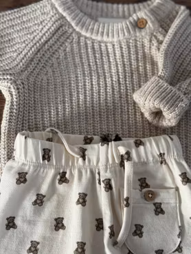 Lil'Atelier - Set LS Loose Knit Mini Oxford Tan Melange & ELI Regular Baby Pants Teddy Bear