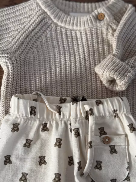 Lil'Atelier - Set LS Loose Knit Mini Oxford Tan Melange & ELI Regular Baby Pants Teddy Bear