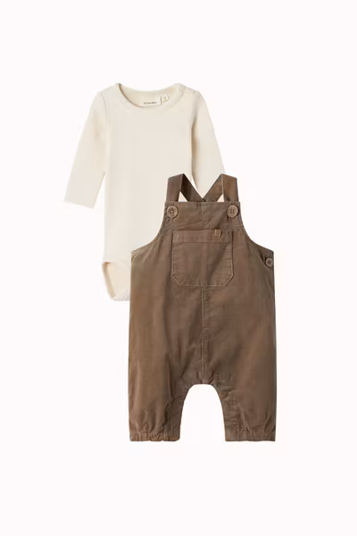 Lil'Atelier - Set Slim Solid Baby Body Turtledove & Loose Cord Hängselbyxa Sepia Tint