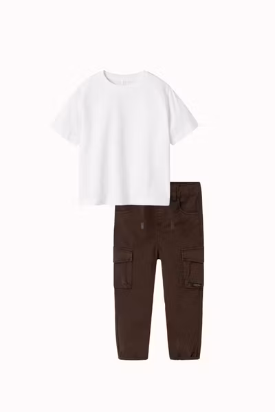 Name it - Set Regular T-shirt Bright White & Cargo Twill Pant Brown