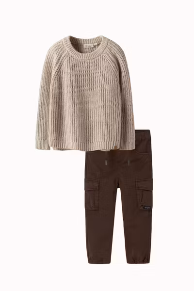 Matchat Set - Lil'Atelier LS Loose Knit Kids Oxford Tan Melange & Name it Cargo Twill Pant Brown