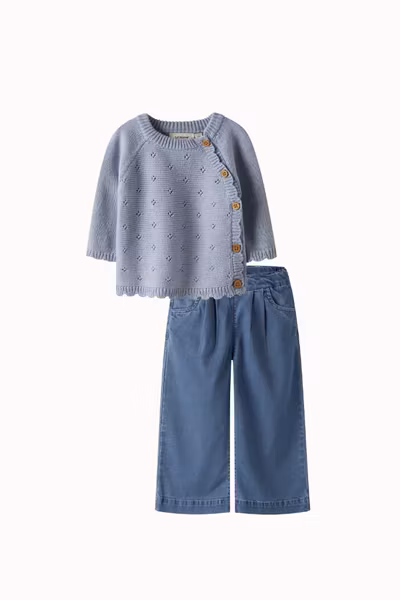 Matchat Set - Lil'Atelier Wrap Baby Knit Zen Blue & Name it Blue Denim Wide Pull Up Jeans