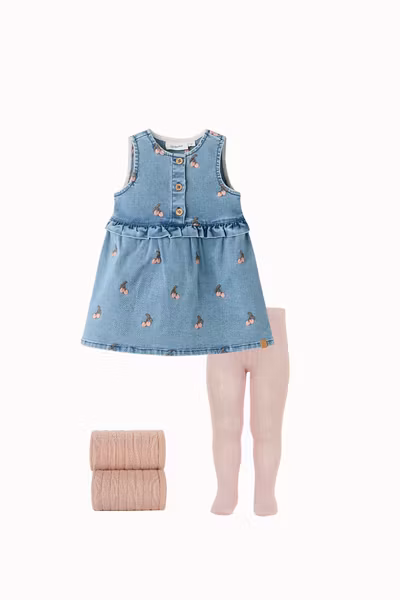 Matchat Set - Lil'Atelier Denim Dress Cherry & Condor Basic Rib Tights Dusty Pink
