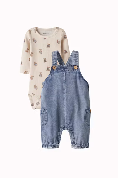 Matchat Set - Name it Slim Baby Body Peyote Melange Teddy & Lil'Atelier Blue Denim Hängselbyxa