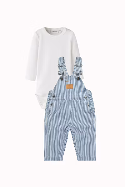 Matchat Set - Lil'Atelier Slim Solid Baby Body Coconut Milk & Copenhagen Colors Twill Baby Overalls Denim Blue Stripe