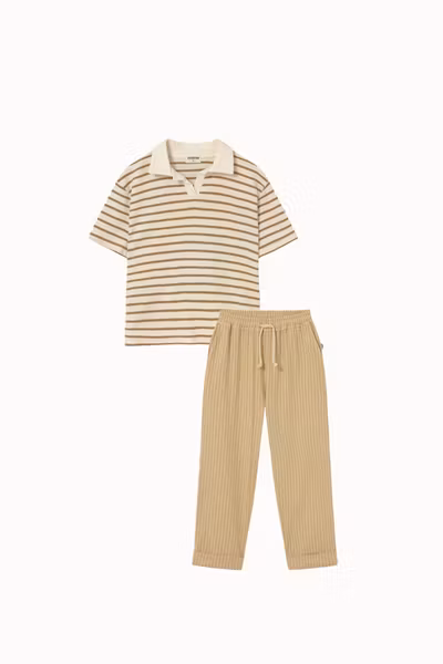 Cozmo - Set Drakek Polo T-shirt & Aerok Pants Striped Cotton - Sand