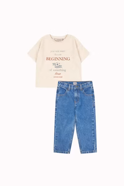 Matchat Set - Konges Sløjd Itty Tee Antique White & Copenhagen Colors Organic Regular Fit Junior Jeans