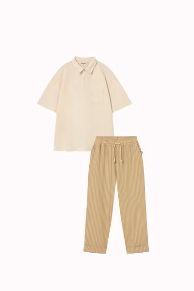 Cozmo - Set Arnold Soft Cotton Polo T-shirt Ivory & Aerok Pants Striped Cotton - Sand