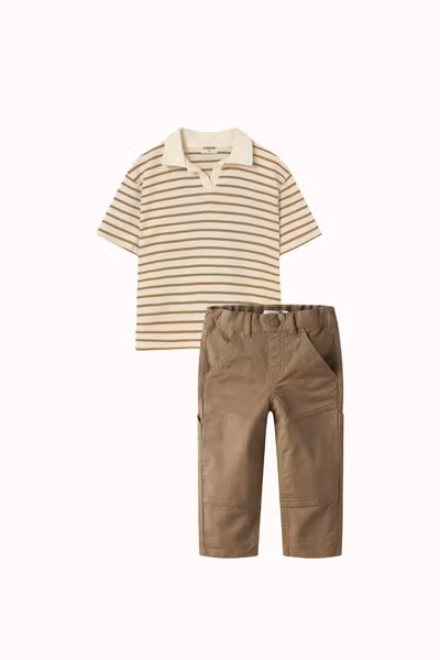 Matchat Set - Cozmo Drakek Striped Cotton Polo T-shirt Sand & Name it Tap Twill Pants Kelp