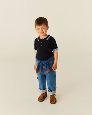 Copenhagen Colors - Set Knitted Pattern Polo Shirt Blue & Regular Fit Junior Jeans Indigo Blue Washed