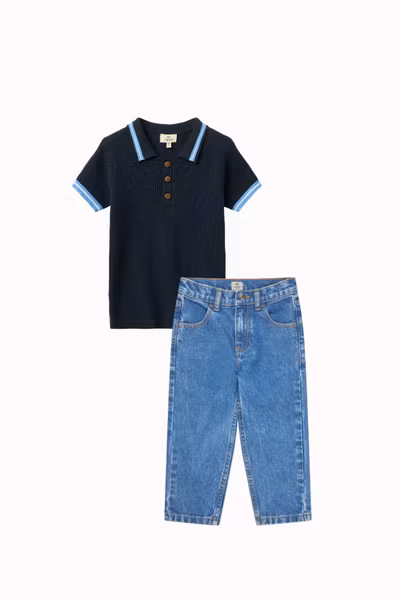 Copenhagen Colors - Set Knitted Pattern Polo Shirt Blue & Regular Fit Junior Jeans Indigo Blue Washed
