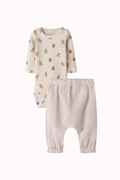Name it - Set Slim Baby Body Teddy & Faher Linen Baby Pants - Peyote Melange