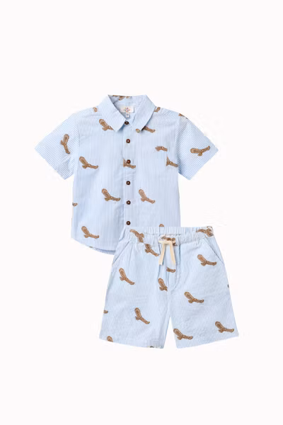 Copenhagen Colors - Set Seersucker Shirt & Shorts - Sky Blue