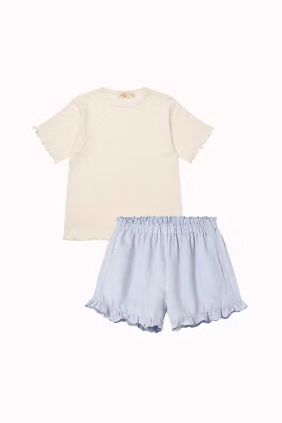 Matchat Set - Copenhagen Colors Piontelle Heart T-shirt Cream & MarMar Copenhagen Pala Frill Linen Shorts Blue Mist