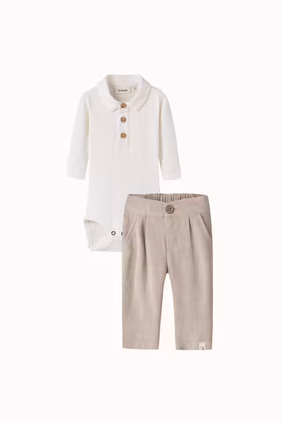 Lil'Atelier - Set Fundo LS Slim Baby Body Shirt Coconut Milk & Freddie Baby Pants Feather Gray