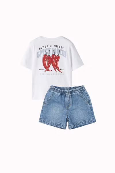 Matchat Set - Name it Hughe Regular T-shirt Bright White & Konges Sløjd Magot Denim Blue Shorts