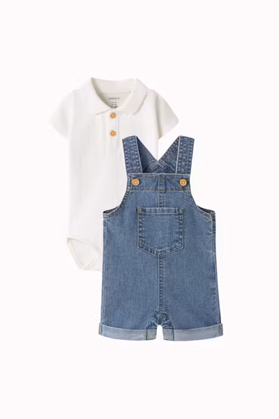 Name it - Set Hofman SS Polo Body Cloud Dancer & Lou Baby Denim Shorts Hängselbyxa
