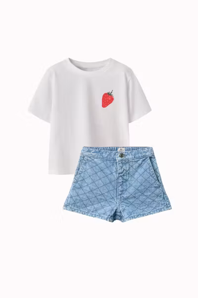 Matchat Set - Name it Jaysline Regular T-shirt Bright White & Copenhagen Colors Organic Quilted Denim Shorts