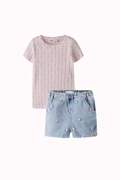 Lil'Atelier - Set Rachello DAP SS Slim Top Flower & Funda Loose Shorts Medium Blue Denim