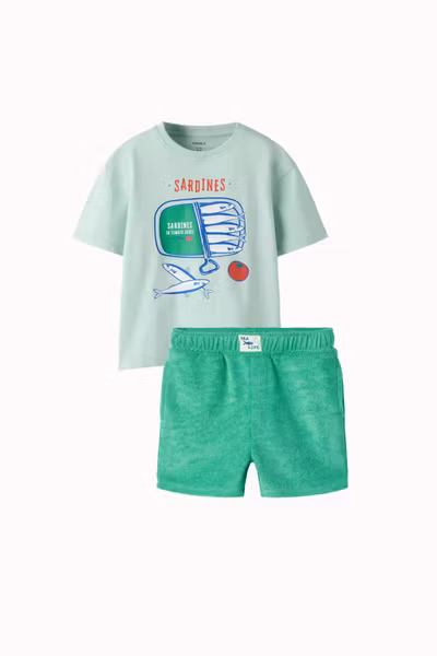 Name it - Set Hadu RLX Top Subtle Green & Huwel Terry Shorts - Jelly Bean