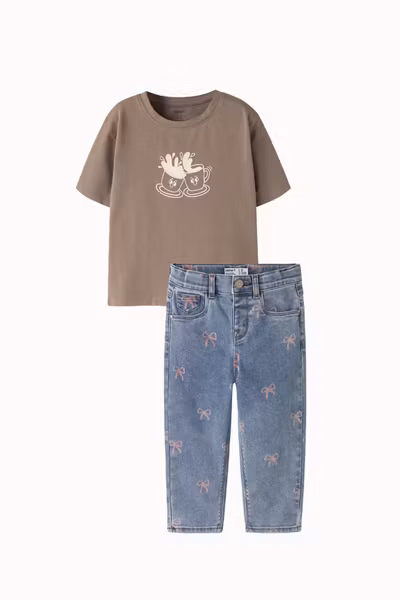 Name it - Set Kirstine T-shirt Brown Lentil & Bella Shaped Blue Bow Jeans
