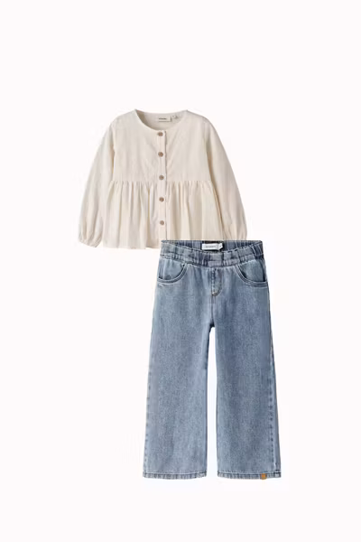 Lil'Atelier - Set Floba LS Loose Shirt Turtledove & Karole Sim Wide Jeans