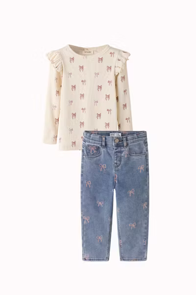 Matchat Set - Lil'Atelier EKO Slim Top Bow & Name it Bella Shaped Blue Denim Bow Jeans