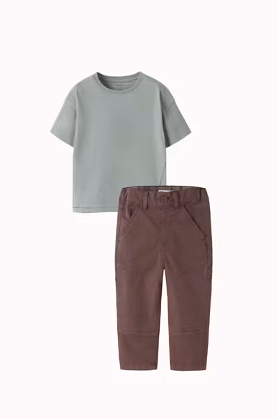 Name it - Set Leonardo Regular T-shirt Green Milieu & Ben Tap Twill Pants French Roast