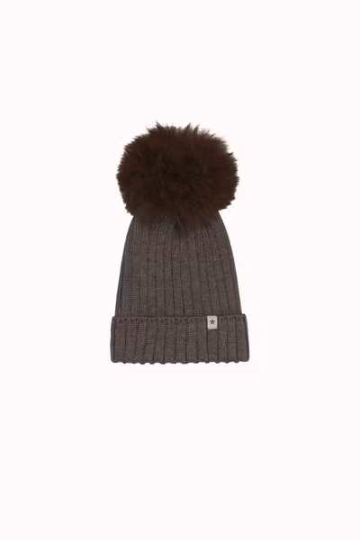 HUTTEliHUT- Hat Knit Alpaca Pompom - Brown Melange