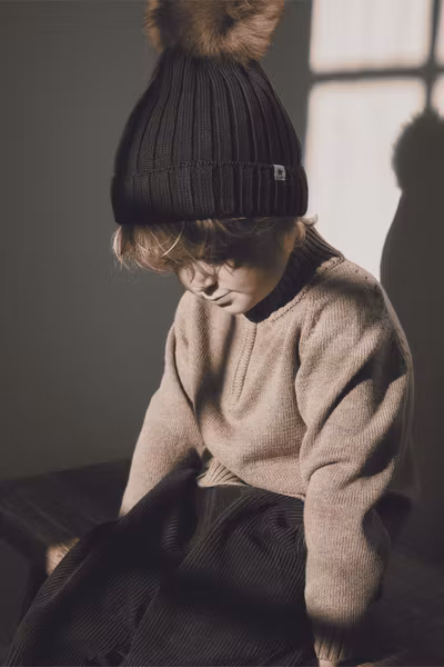HUTTEliHUT- Hat Knit Alpaca Pompom - Brown Melange