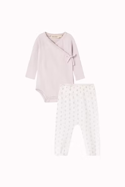 MarMar Copenhagen - Set Newborn Body Belita Pointelle Violet Dust & Modal Mix Knitwear Pants Pira Flower Stripe