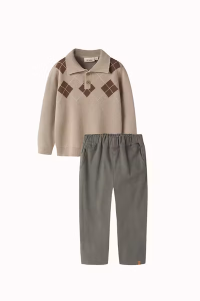 Lil'Atelier - Set Ronan Kids LS Knit Polo White Pepper & Romeo Kids Regular Pants Mulled Basil