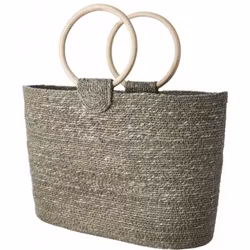 Stråväska flätad grågrön 35x25 cm bambuhandtag