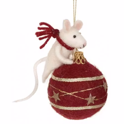 Ulldjur hänge mus på julgranskula röd