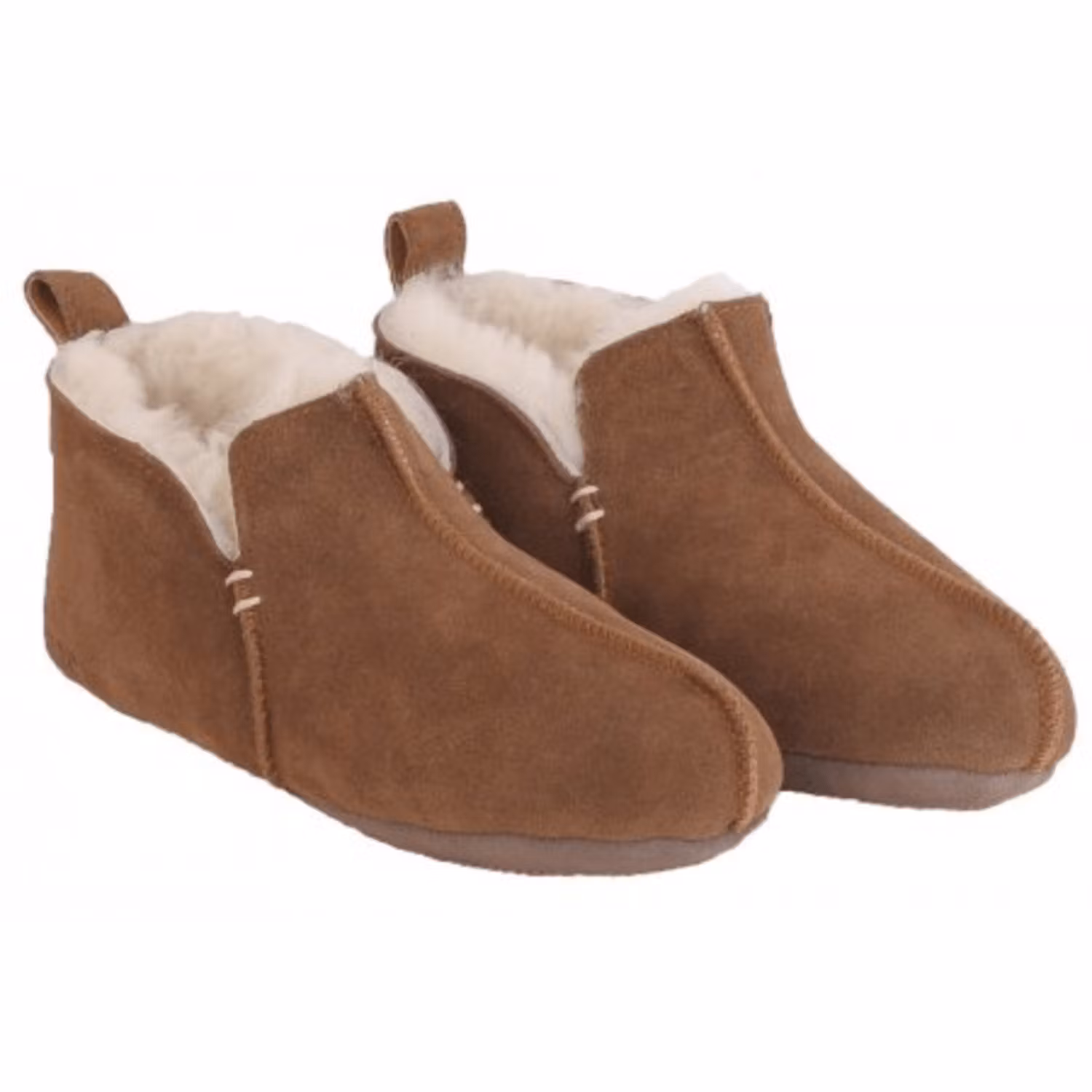 Fårskinnstofflor för dam i mörkbrun mocka med mjuk fårpäls och halkskydd under sulan.