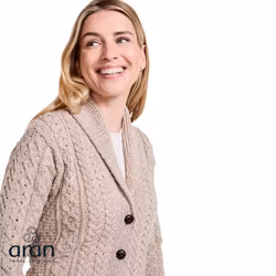 Kofta ull kabelstickad sjalkrage varmbeige