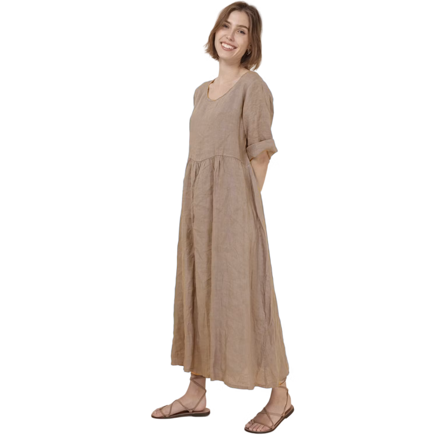 Sandfärgad linneklänning med halvlång ärm och skön vidd - 100% linne såklart