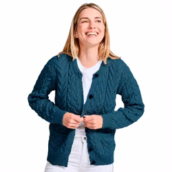 Kofta merinoull kabelstickad mörk turkos