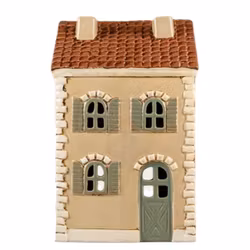 Keramikhus lykta värmeljus beige grön dörr