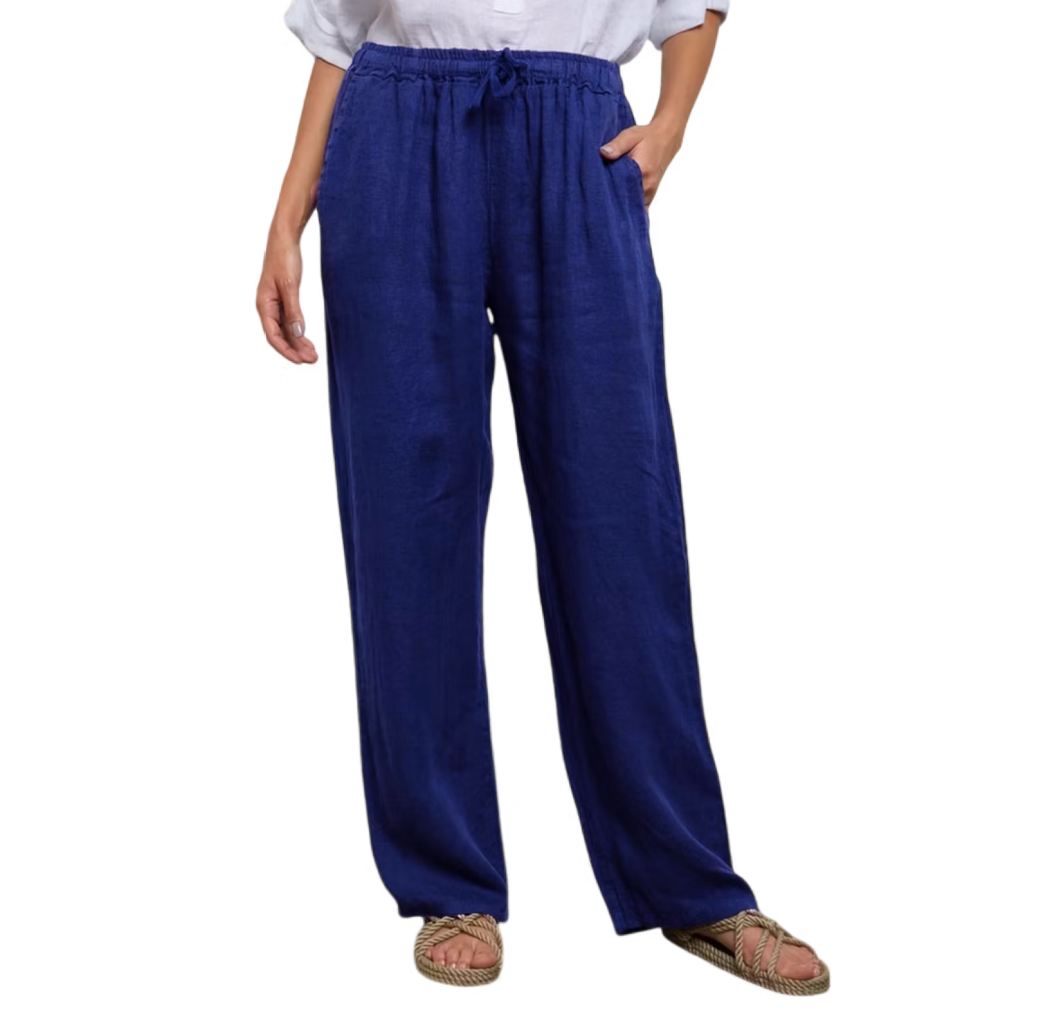 Härligt knallblå byxor i 100% linne - perfekta sommarbyxor med långa ben och dragsko.