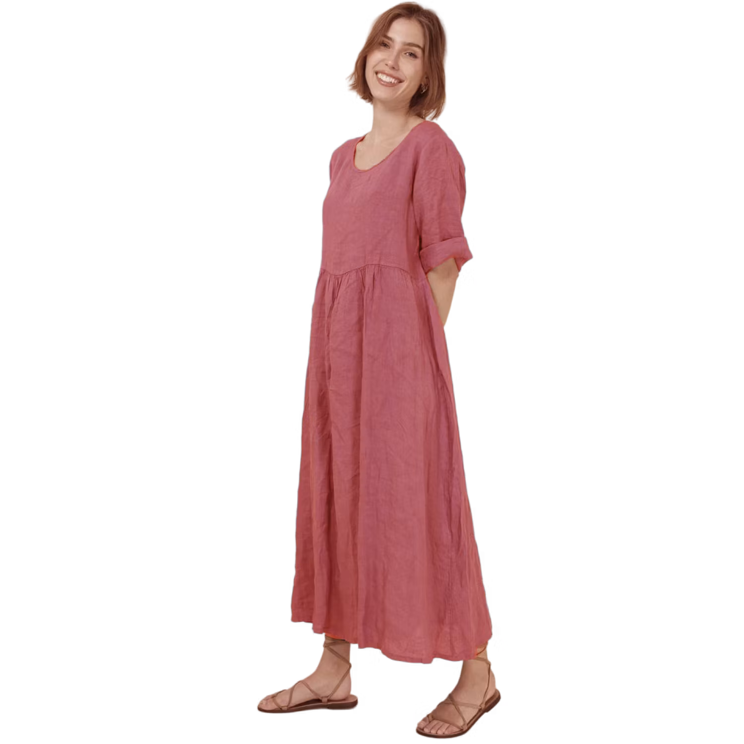 Fucsia-rosa linneklänning med halvlång ärm. Lös skön passform och 100%  linne.